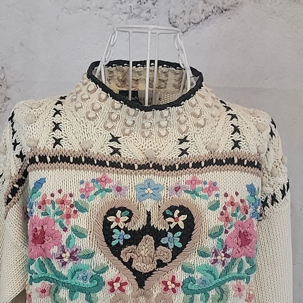 Beldoch Popper Vintage Floral Heart Heavy Knit Cream Sweater Womens Size M